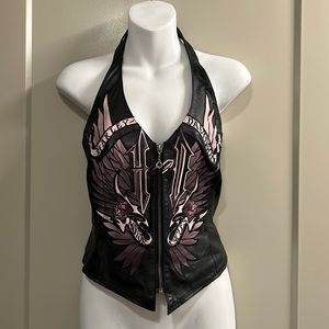Harley Davidson Embroidery Zip-Up Leather Corset Halter Top